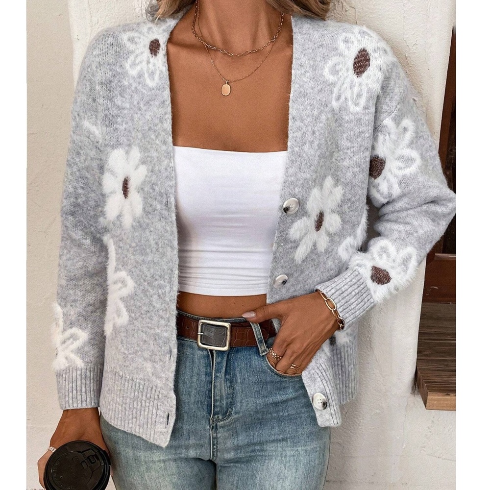 Maternity Floral Print Fuzzy Button Down Oversized Cardigan
